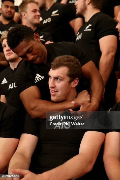 Waisake Naholo and Brodie Retallick of the All Blacks pose for their official team photo during a New Zealand All Blacks headshots session at The...