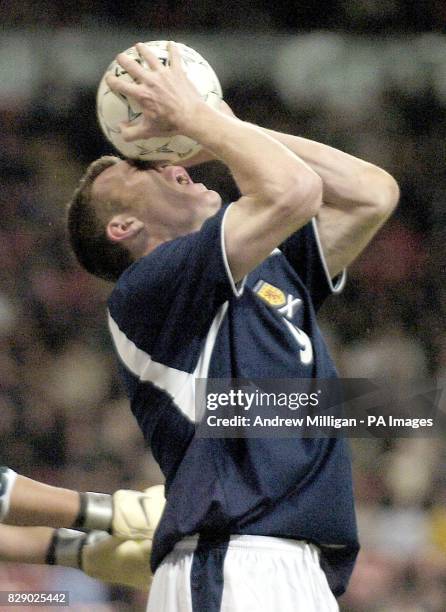 Scotland's striker Kevin Kyle shows his frustration during the Denmark vs Scotland international football friendly match at the Parken Stadium,...