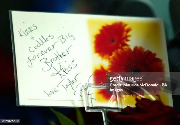 Message on a card for Kriss Donald during his coffin from the Church of Jesus Christ of Latter-day Saints, in Pollock, Glasgow. Schoolboy Kriss who...
