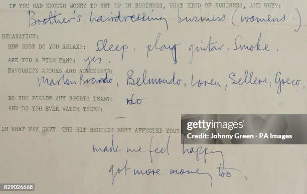 Part of a questionnaire completed by Beatle Sir Paul McCartney circa 1963 is part of a set on view including those filled in by fellow Beatles Ringo...