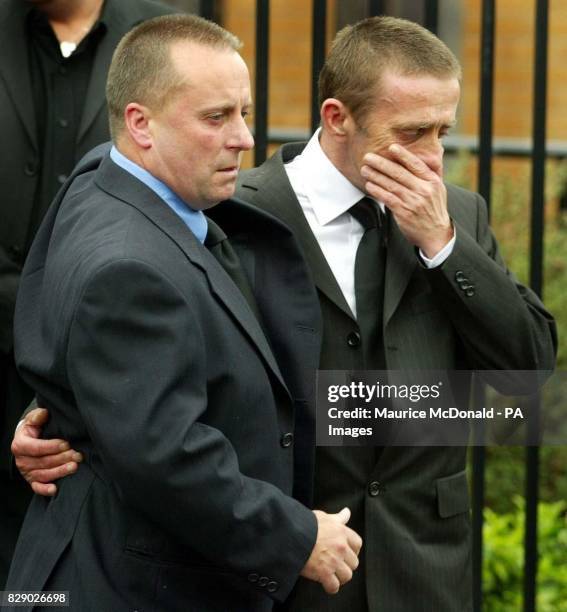 Close family members of Kriss Donald leave following the funeral service at the Church of Jesus Christ of Latter-day Saints, in Pollock, Glasgow....