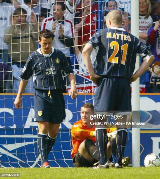 Leeds United players Ian Harte, Paul Robinson and Dominic Matteo show their dejection after Bolton Wanderers score a goal during the Barclaycard...