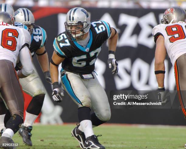 Carolina Panthers linebacker Sean Tufts sets for play against the Tampa Bay Buccaneers November 6, 2005 in Tampa. The Panthers defeated the Bucs 34 -...