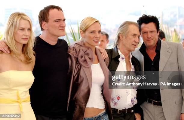 Daryl Hannah, Director Quentin Tarantino, Uma Thurman, David Carradine and Michael Madsen during a photocall for their latest film Kill Bill Vol...