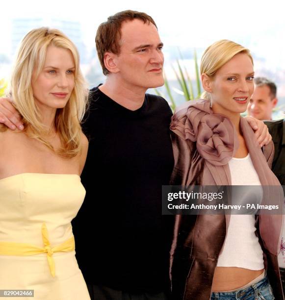 Daryl Hannah, Director Quentin Tarantino and Uma Thurman during a photocall for their latest film Kill Bill Vol 2, held at the Riveria Terrace in the...