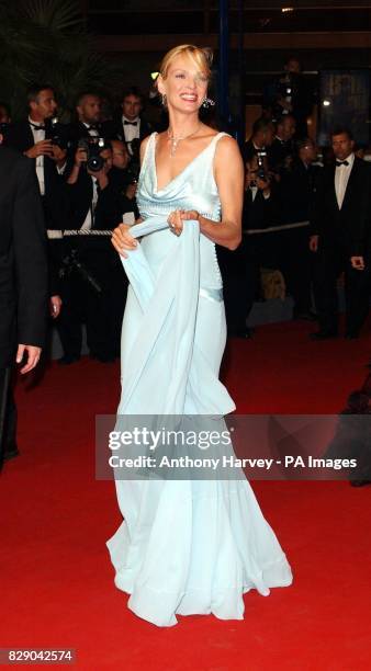 Actress Uma Thurman arrives for the premiere of her latest film Kill Bill Vol 2, held at the Palais des Festival during the 57th Cannes Film Festival...