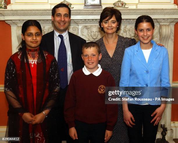 Cherie Blair with Uzma Reman, Jack Hackett and Alya Bendardas, and Dr Evan Harris MP oxford West & Abingdon, at 10 Downing Street, in central London....