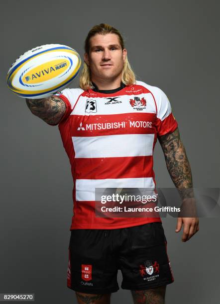 Richard Hibbard of Gloucester Rugby poses for a portrait during the Gloucester Rugby squad photo call for the 2017-2018 Aviva Premiership Rugby...