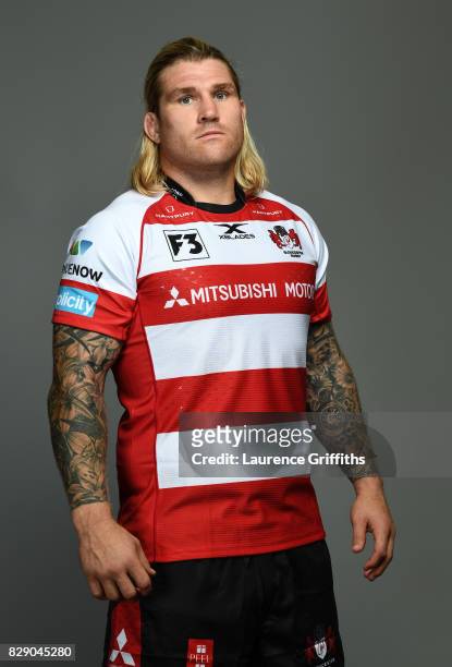 Richard Hibbard of Gloucester Rugby poses for a portrait during the Gloucester Rugby squad photo call for the 2017-2018 Aviva Premiership Rugby...