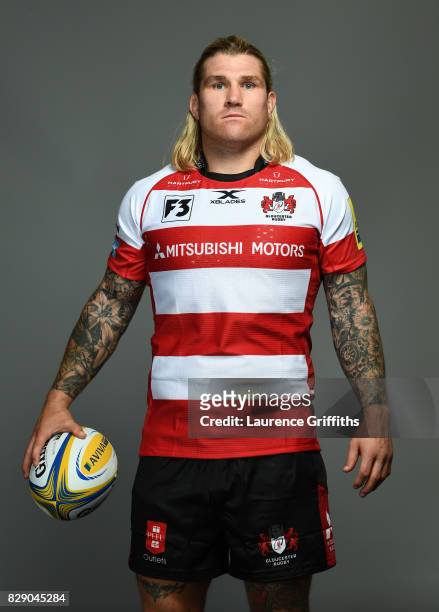 Richard Hibbard of Gloucester Rugby poses for a portrait during the Gloucester Rugby squad photo call for the 2017-2018 Aviva Premiership Rugby...