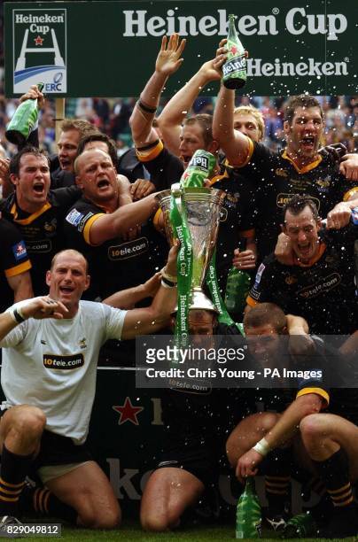 Wasps celebrate winning the Heineken Cup after their victory against Toulouse in the Heineken Cup Final at Twickenham, London.