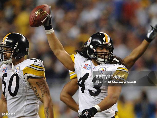 Troy Polamalu of the Pittsburgh Steelers celebrates during Super Bowl XL between the Pittsburgh Steelers and Seattle Seahawks at Ford Field in...