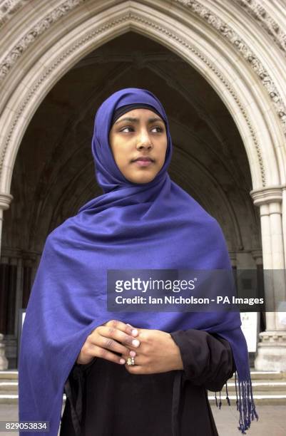 Shabina Begum, aged 15, at the High Court in London where she is fighting to be allowed to wear her jilbab, the traditional head wear of her faith,...