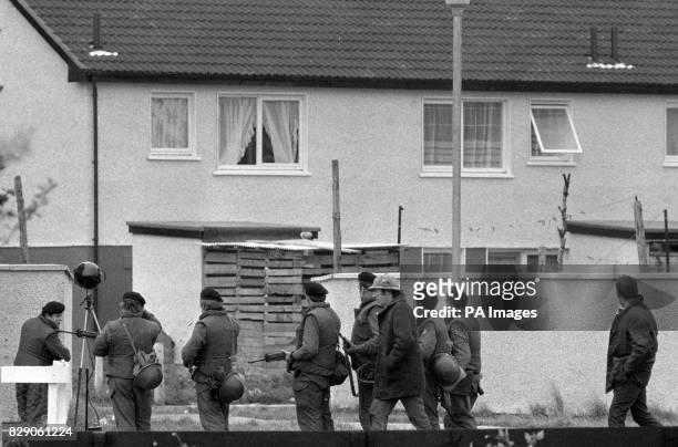 Troops position themselves behind the terraced house at St Evin's Park, Monasterevin, where kidnap hostage Dr Tiede Herrema is still being held. More...