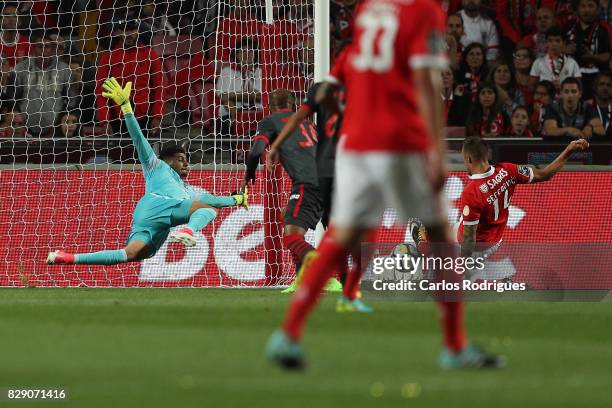 Benfica's forward Haris Seferovic from Switzerland scores Benfica's first goal during the match between SL Benfica and SC Braga for the fruit round...