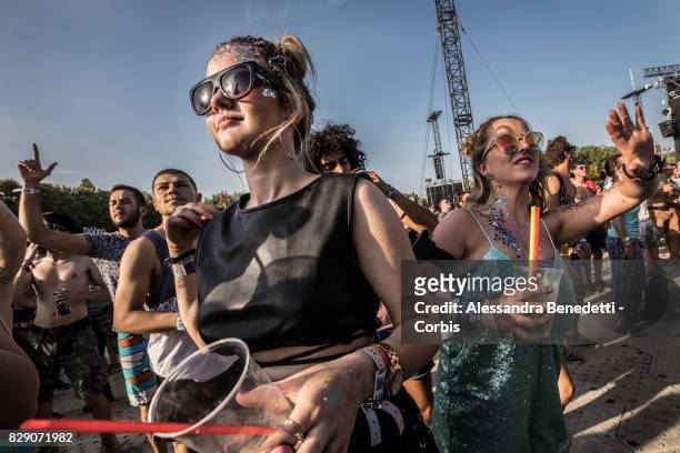 Revellers attend the 25th edition of the Sziget Festival on August 9, 2017 in Budapest, Hungary. The Sziget Festival, one of the largest music and...
