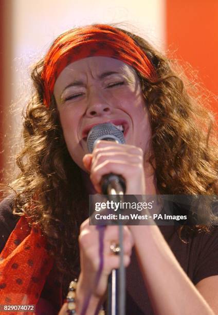Singer Leah Wood, daughter of Rolling Stone Ronnie Wood performing during a photocall to launch the biggest rock concert of 2004 - The Miller...
