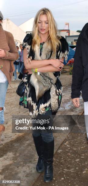 Model Kate Moss during the Glastonbury Festival, held at Worthy Farm in Pilton, Somerset.