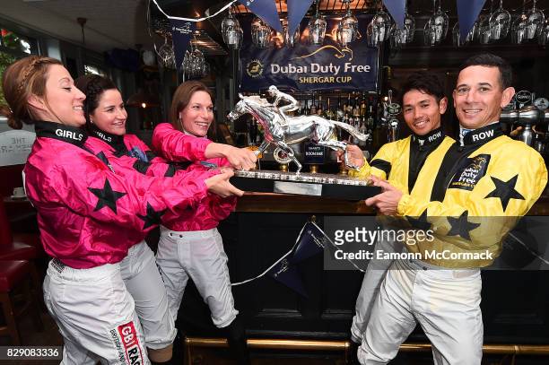 Jockeys Hayley Turner, Michelle Payne, Captain Emma-Jayne Wilson, Keita Toasaki and Anthony Delpech during The Dubai Duty Free Shergar Cup - Press...