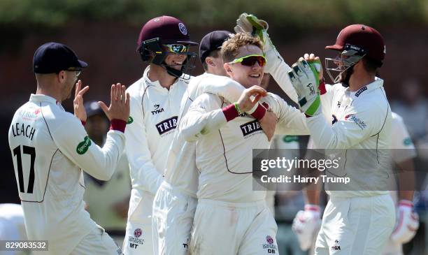 Dom Bess of Somerset celebrates after dismissing Mark Stoneman of Surrey during Day Four of the Specsavers County Championship Division One match...