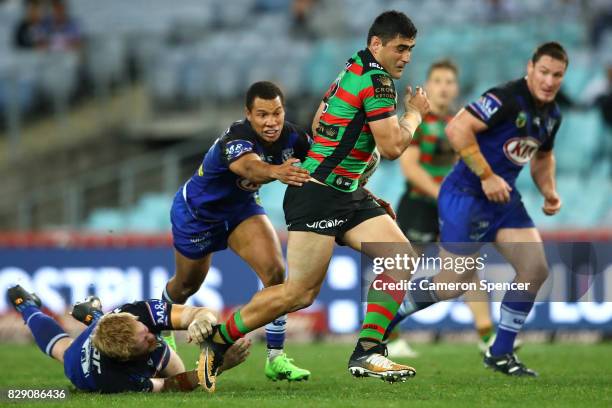 Bryson Goodwin of the Rabbitohs makes a break during the round 23 NRL match between the South Sydney Rabbitohs and the Canterbury Bulldogs at ANZ...