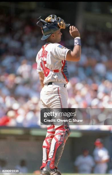 Sandy Alomar Jr. Of the Cleveland Indians in a game against the California Angels at the Big A circa 1994 in Anaheim,California.