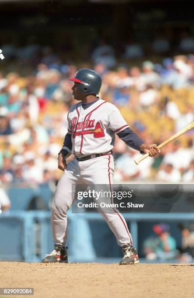 Terry Pendleton of the Atlanta Braves bats against the Los angeles Dodgers at Dodger Stadium circa 1994 in Los Angeles,California.