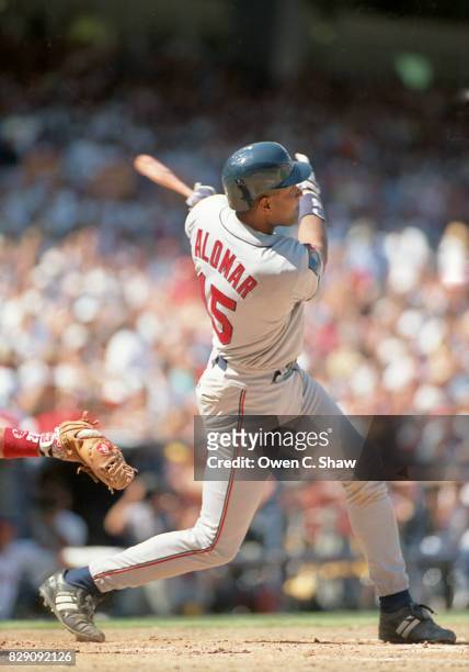 Sandy Alomar Jr. Of the Cleveland Indians bats against the California Angels at the Big A circa 1994 in Anaheim,California.