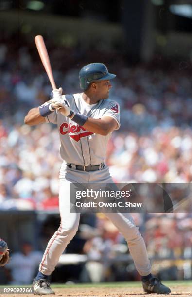 Sandy Alomar Jr. Of the Cleveland Indians bats against the California Angels at the Big A circa 1994 in Anaheim,CAlifornia.