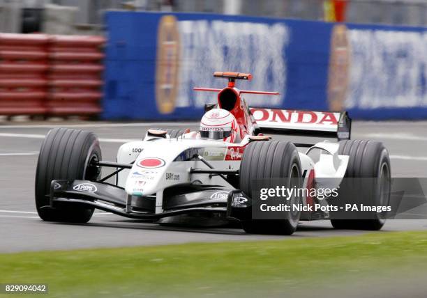 British driver Jenson Button in his B.A.R Honda goes past the finishing line during qualifying at Silverstone, Northamptonshire, ahead of tomorrow's...