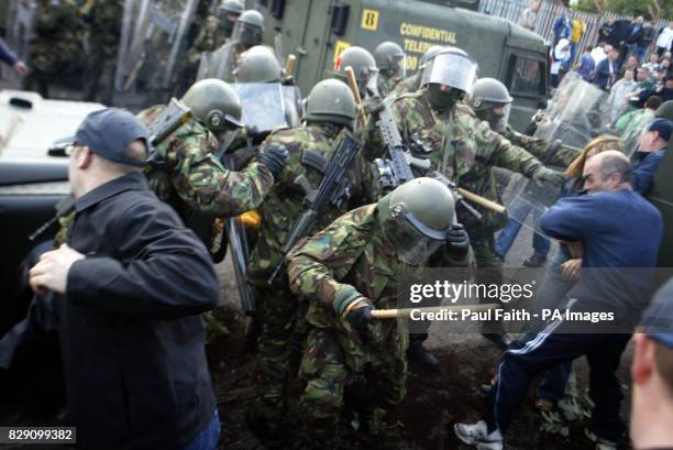 Security services deal with a disturbance in the Ardoyne district of North Belfast. Loyalists and Nationalists pelted each other with missiles...