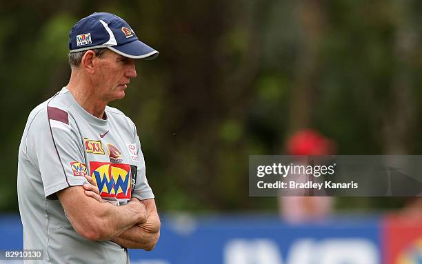 Coach Wayne Bennett watches on during a Brisbane Broncos training session at the Broncos training fields on September 19, 2008 in Brisbane, Australia.