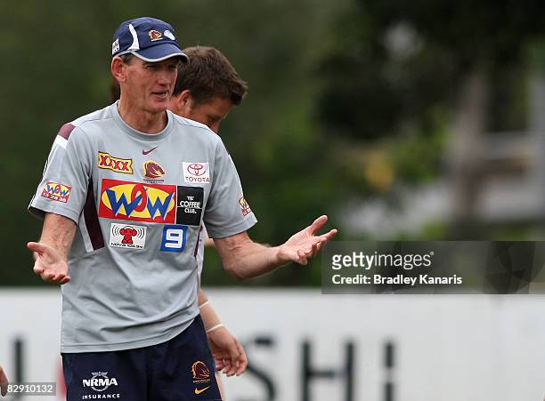 Coach Wayne Bennett speaks to his players during a Brisbane Broncos training session at the Broncos training fields on September 19, 2008 in...