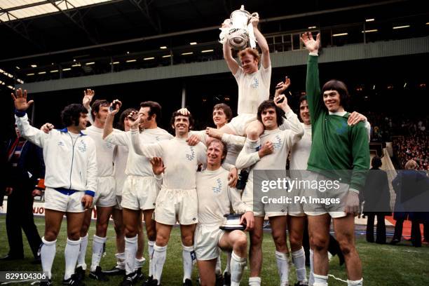 Leeds United celebrate winning the FA Cup: Mick Bates, Paul Madeley, Eddie Gray, Paul Reaney, Johnny Giles, Jack Charlton, Allan Clarke, Billy...