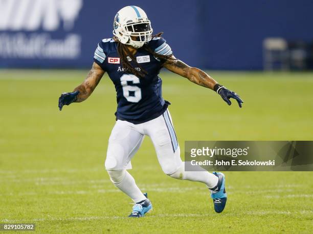 Marcus Ball of the Toronto Argonauts drops into pass coverage against the Calgary Stampeders during a CFL game at BMO Field on August 3, 2017 in...