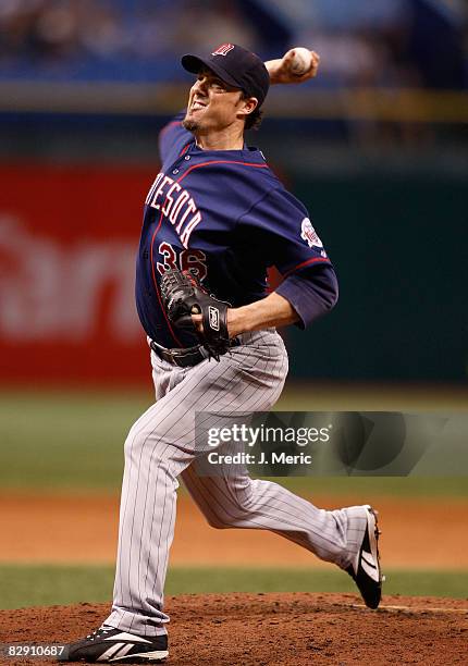 Relief pitcher Joe Nathan of the Minnesota Twins pitches the ninth inning against the Tampa Bay Rays on September 18, 2008 at Tropicana Field in St....