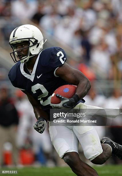 Wide receiver Derrick Williams of the Penn State Nittany Lions runs against the Oregon State Beavers at Beaver Stadium on September 6, 2008 in State...