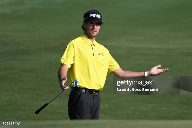 Bubba Watson of the United States reacts to his third shot on the second hole during the first round of the 2017 PGA Championship at Quail Hollow...