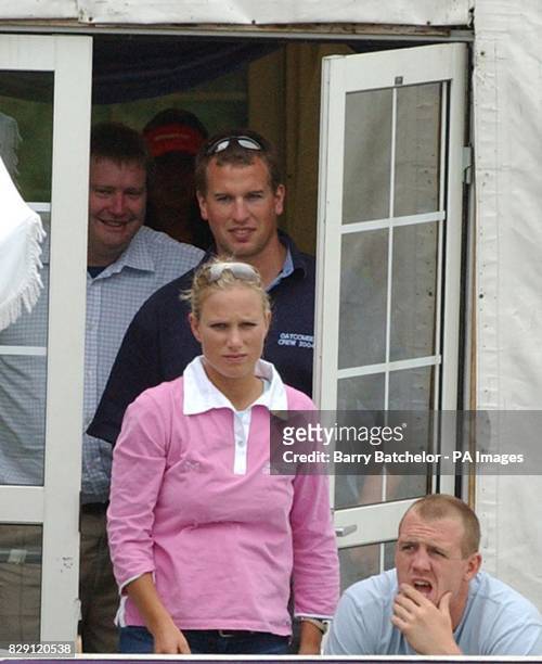 Zara Phillips with brother Peter Phillips and her boyfriend Mike Tindall watching a polo match between NH Jockeys and Beaufort Polo Cub at the...