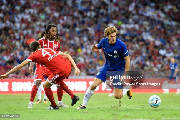 Chelsea Defender Marcos Alonso fights for the ball with Bayern Munich Forward Milos Pantovic during the International Champions Cup match between...