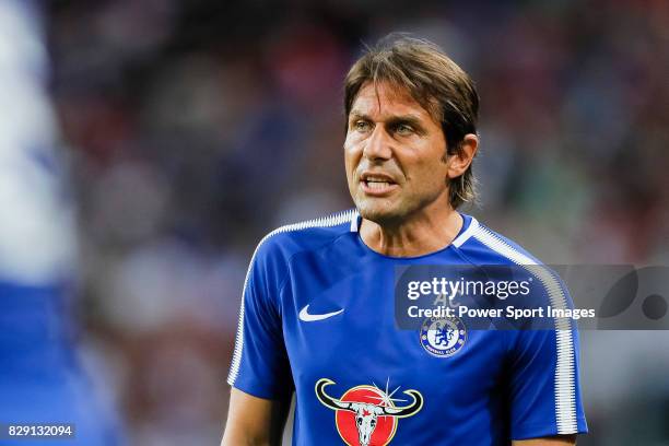 Chelsea Head Coach Antonio Conte reacts during the International Champions Cup match between Chelsea FC and FC Bayern Munich at National Stadium on...