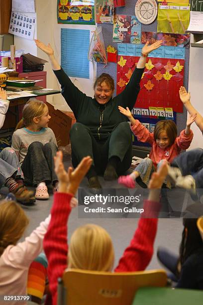 Second-grade children attend class in the elementary school at the John F. Kennedy Schule dual-language public school on September 18, 2008 in...