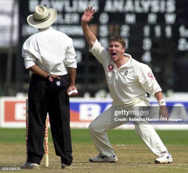 England bowler Martyn Ball appeals to the umpire for an lbw decision, during the second day of the three day tour match against a Board President's...