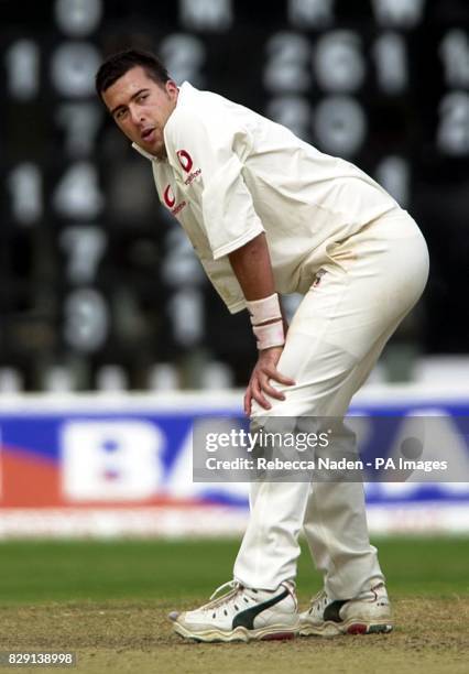 England bowler James Ormond watches as the ball travels to the boundary, during the second day of the three day tour match against a Board...