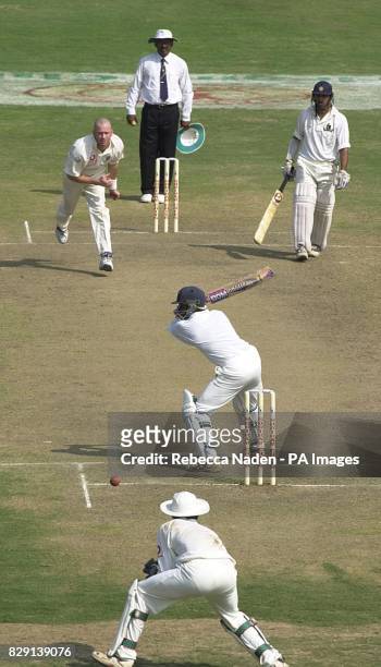 England bowler Craig White bowls wide, during the match against a Board President's XI at the Lal Bahadur Stadium, Hyderabad, India.