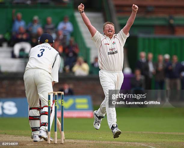 Glen Chapple of Lanchashire celebrates dismissing Darren Stevens of Kent during the LV County Championship match between Lancashire and Kent at...