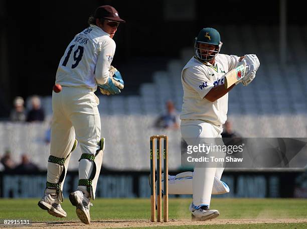 Andre Adams of Nottinghamshire hits out during the LV County Championship match between Surrey and Nottinghamshire at the Brit Oval on September 19,...