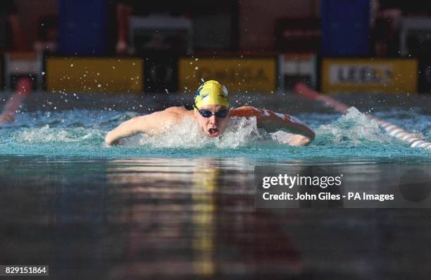 James Hickman shows his world class style as he qualifies in the first heat of the Mens 200m Butterfly event at the Multi Nations Gala 2002...