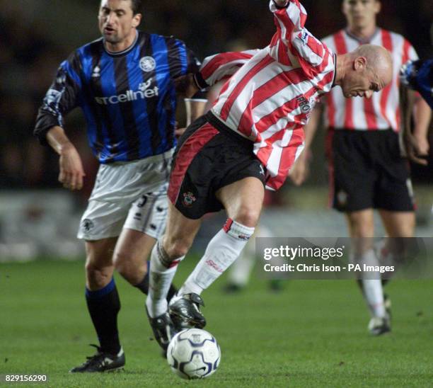 Gianluca Festa of Middlesbrough fouls Chris Marsden of Southampton and receives a red card during their FA Barclaycard Premiership match at St Mary's...
