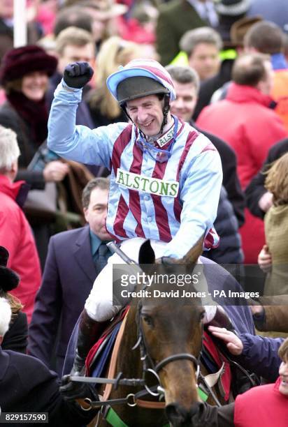 Jim Culloty enters the enclosure on Best Mate after winning the Cheltenham Gold Cup.